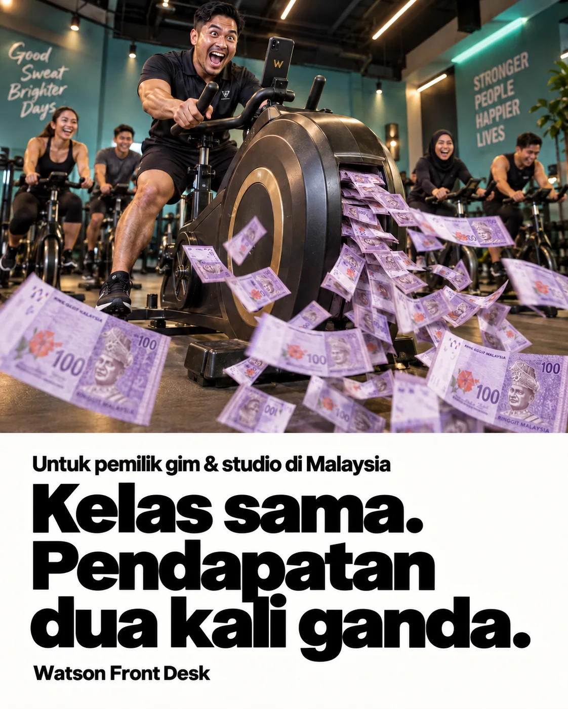 Iklan pendapatan kelas Watson: pemilik studio menaiki basikal senaman gergasi yang mengeluarkan wang RM100.
