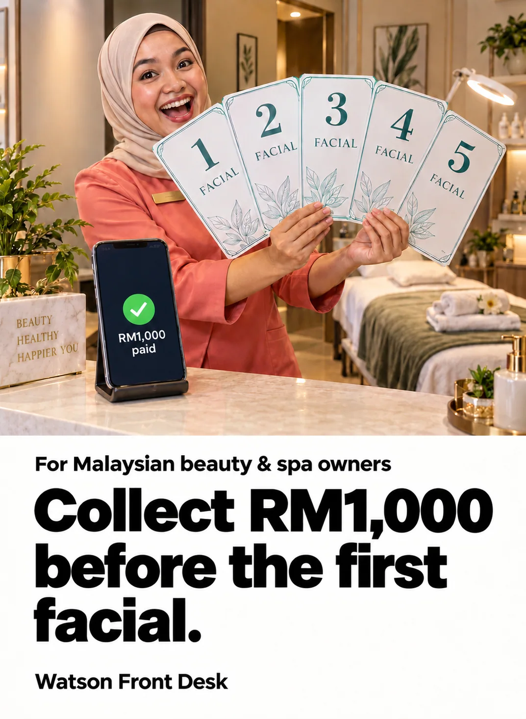 A beauty centre owner holds five oversized facial appointment cards.