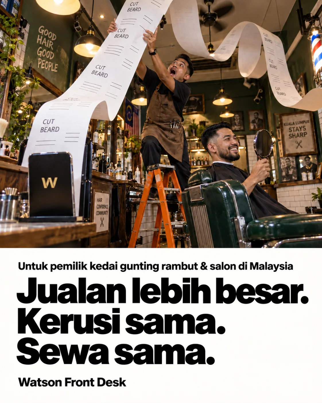Iklan jualan Watson: tukang gunting menyambut resit gergasi di atas pelanggan yang duduk di kerusi.