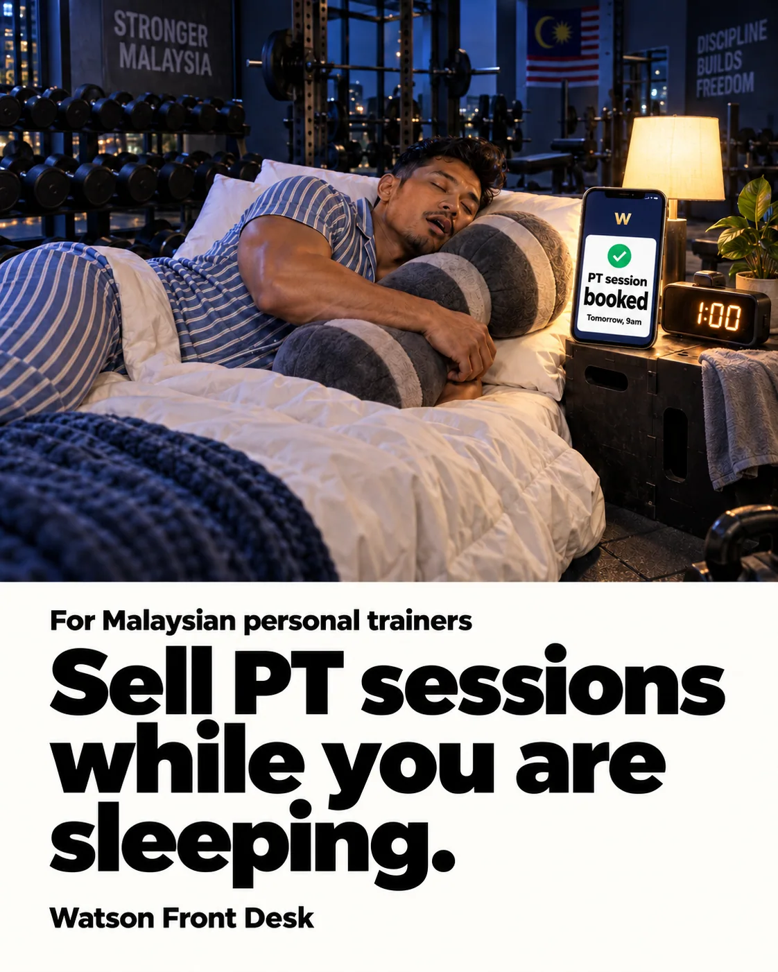 A personal trainer sleeps while PT enquiries come in.