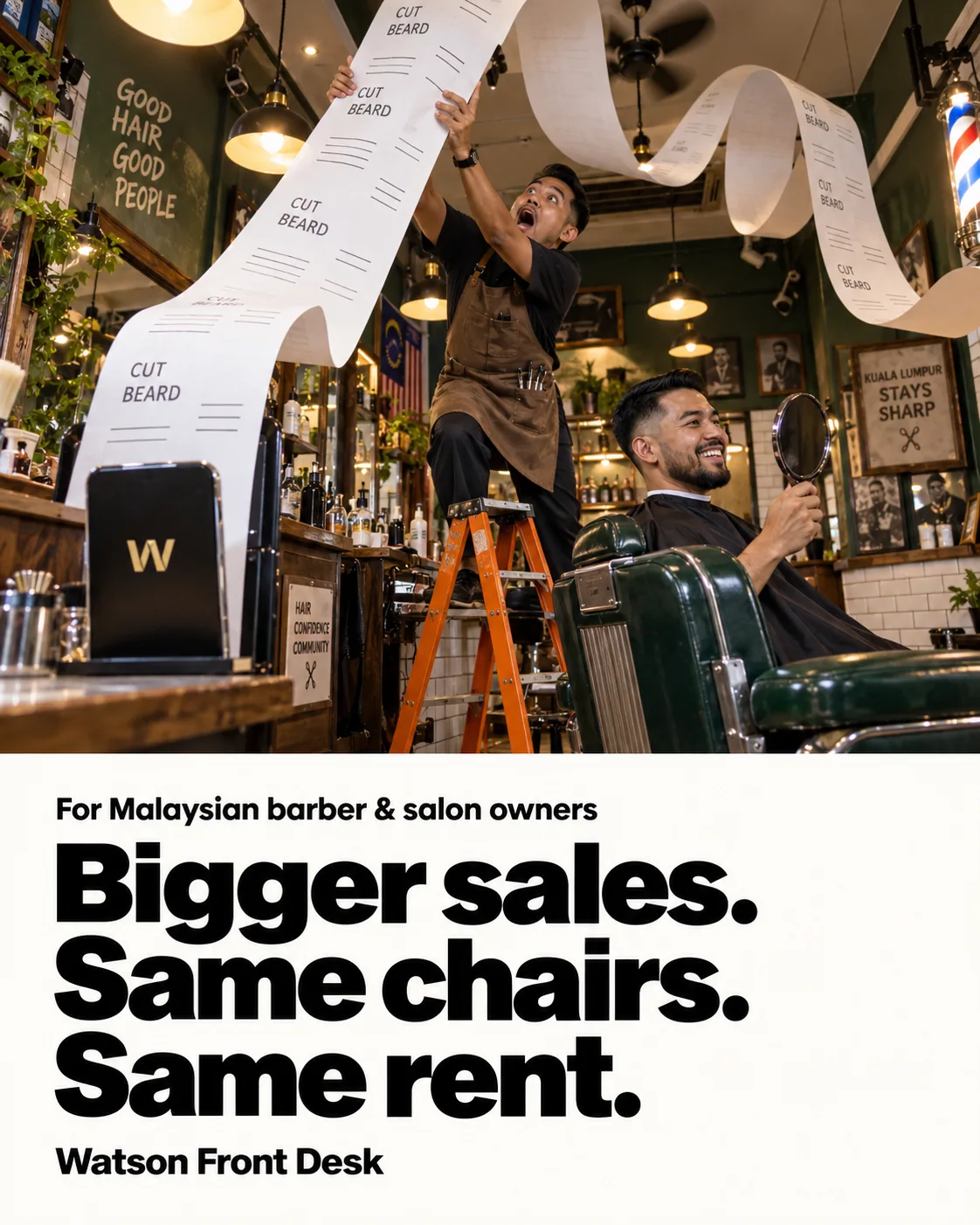Watson bigger-sales ad: a barber catches an oversized receipt above a customer in the chair.