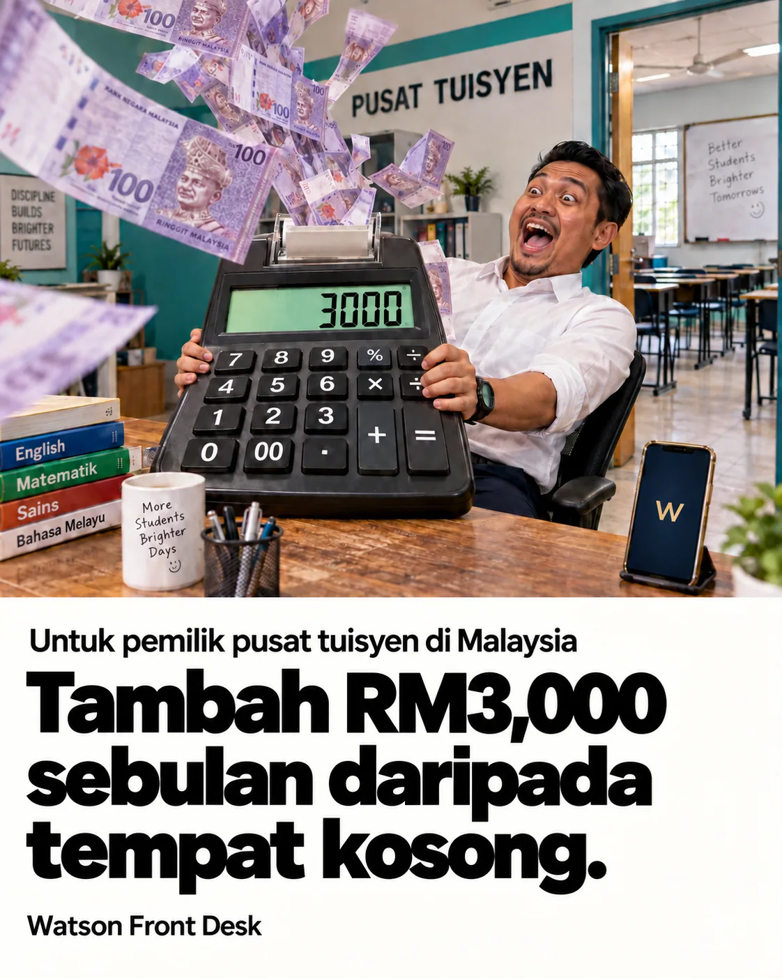 Pemilik pusat tuisyen dengan kalkulator menunjukkan 3000, daripada iklan tempat kelas kosong.