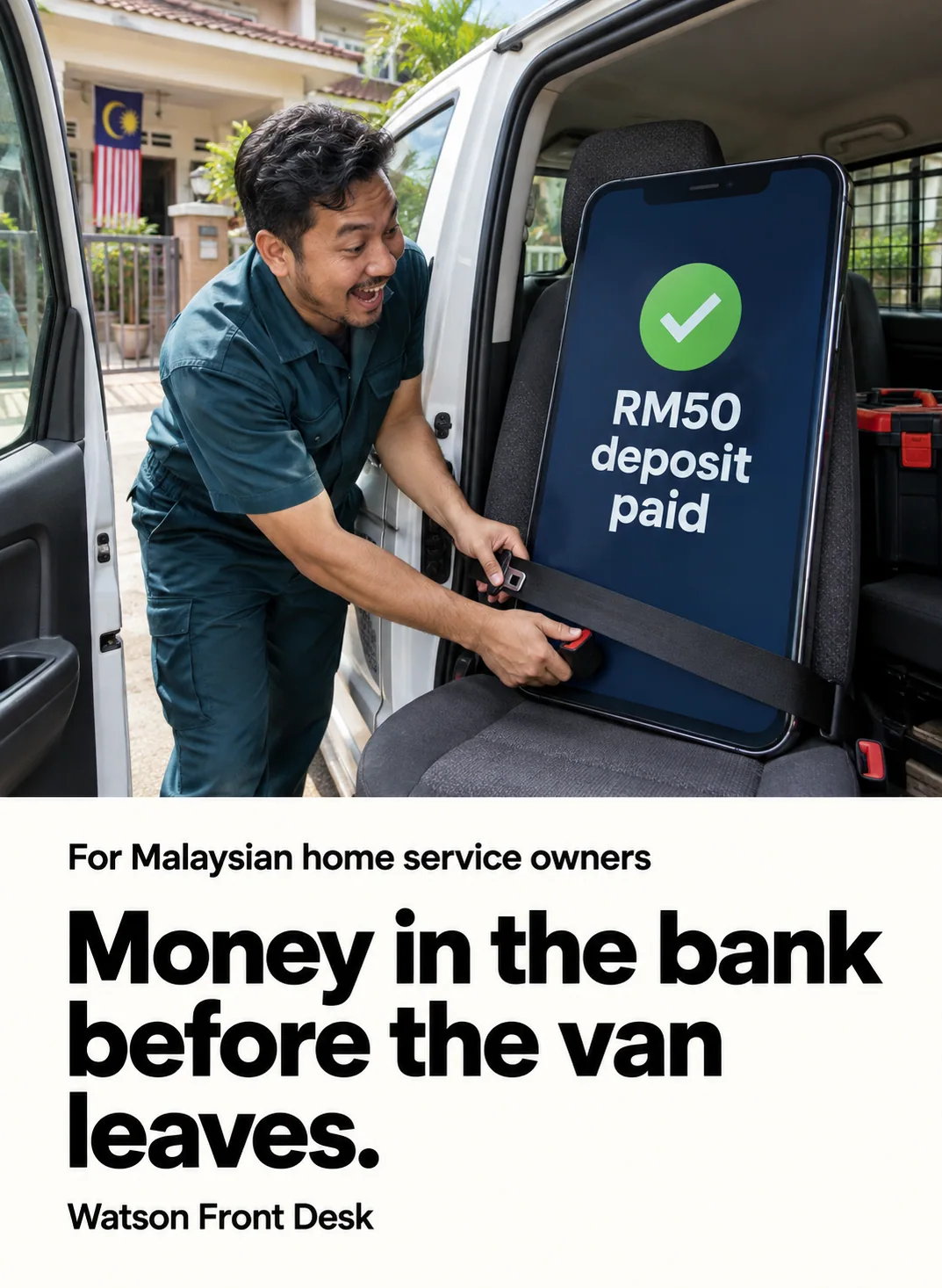 A technician straps a giant phone showing a paid deposit into a work van.
