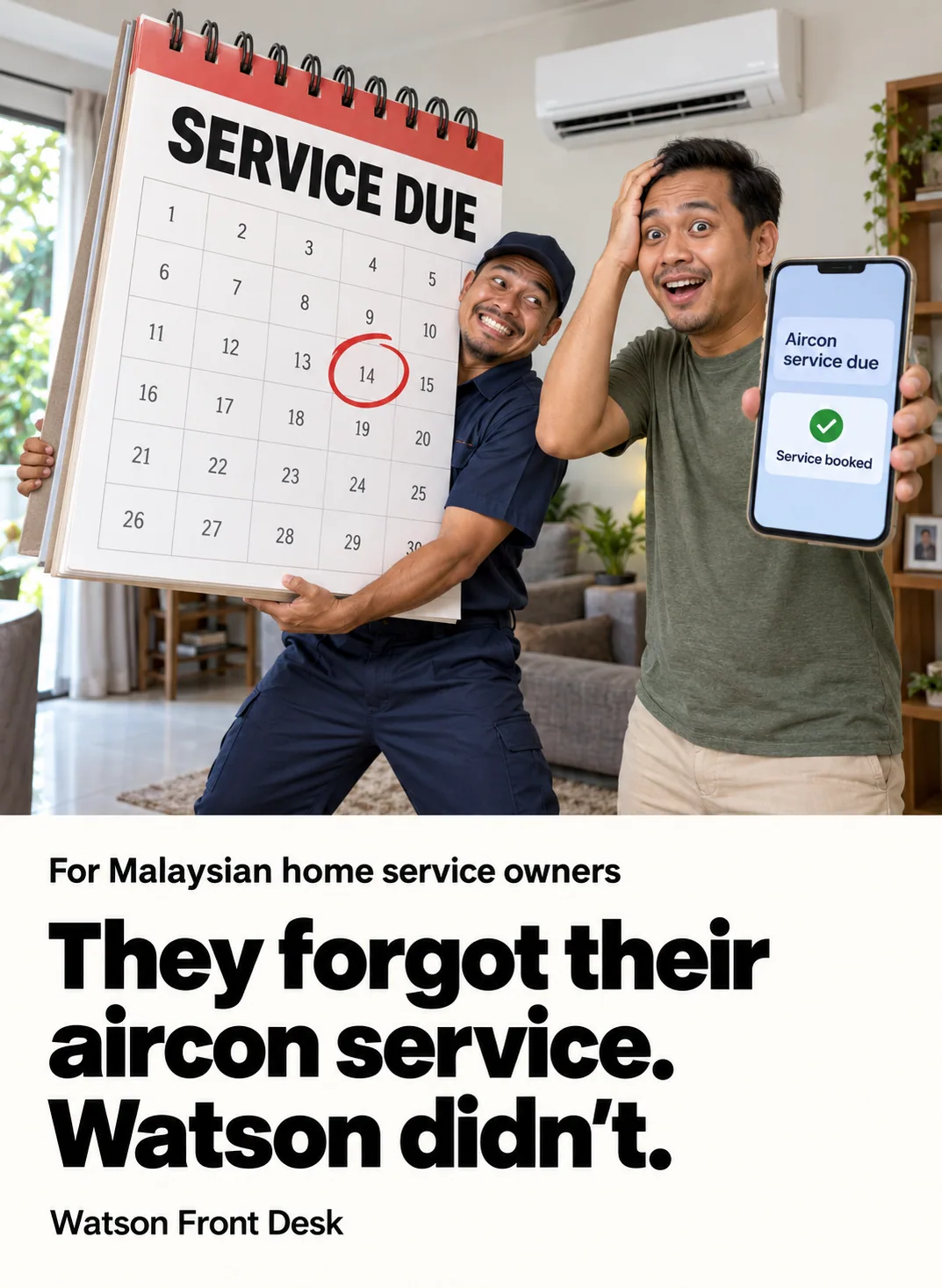 An aircon technician holds a giant service-due calendar beside a homeowner.