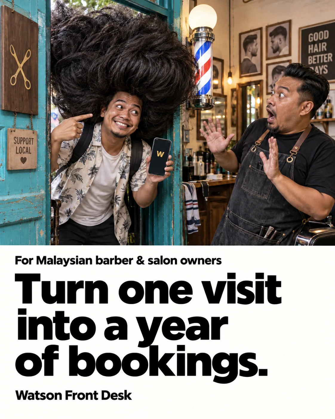 Watson repeat-bookings ad: a regular returns to the barbershop with comically overgrown hair.