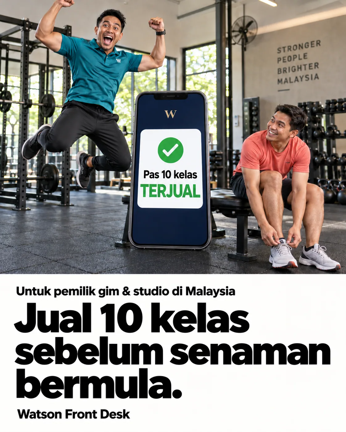Iklan pas kelas Watson: jurulatih meraikan jualan pas sepuluh kelas ketika ahli mengikat kasut.