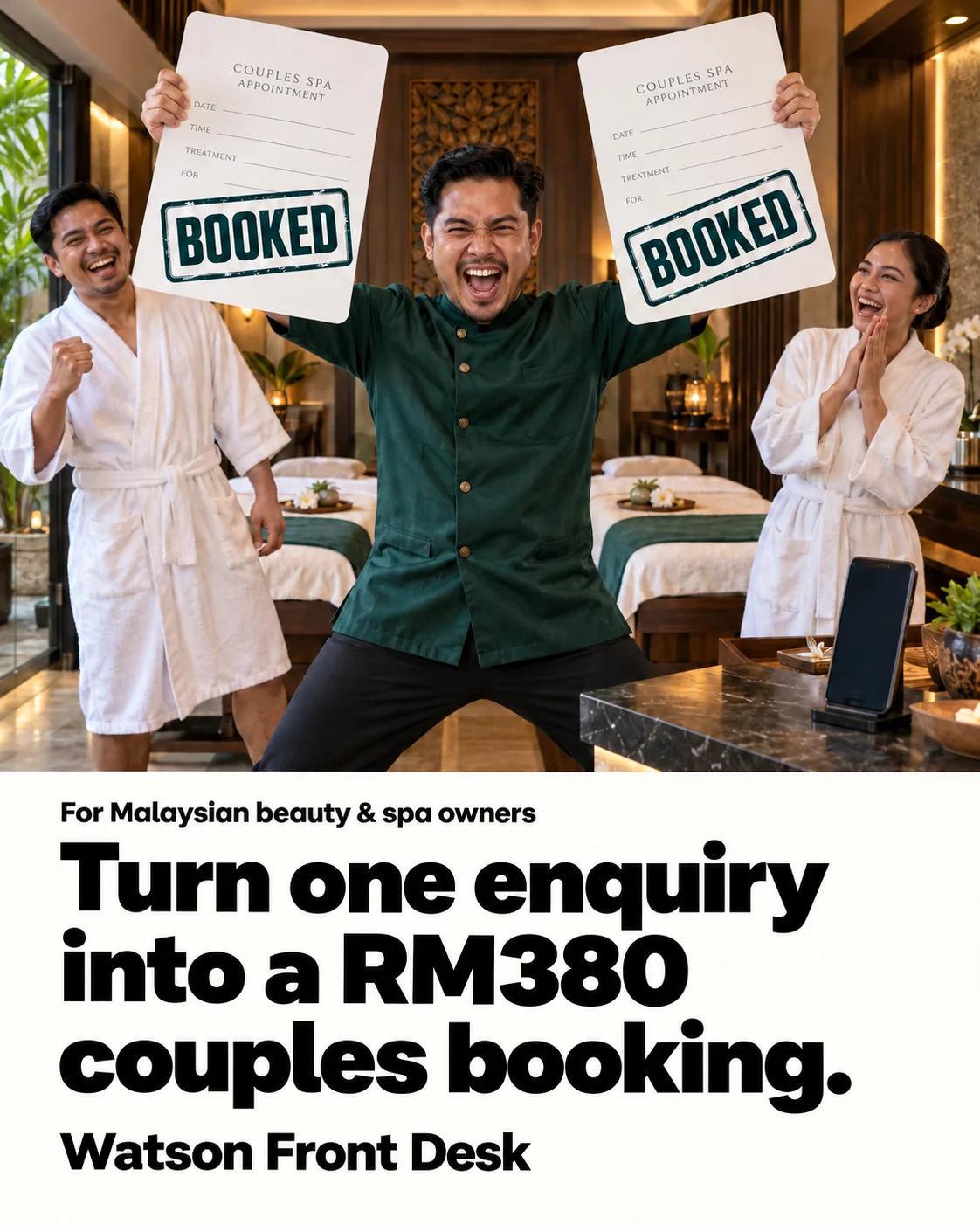 A spa owner holds two booking cards beside a couple and two treatment beds.
