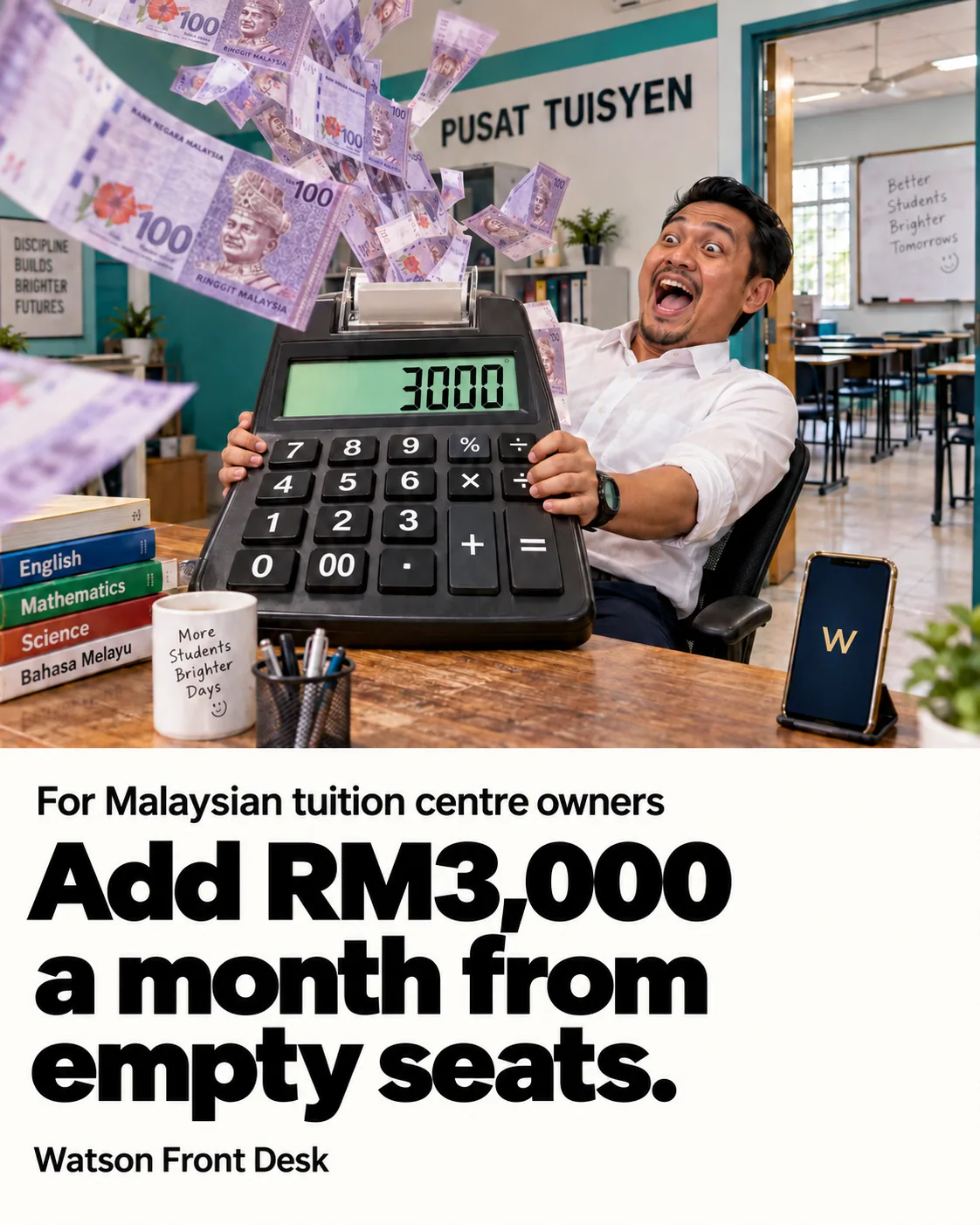 Tuition centre owner with a calculator showing 3000, from the empty seats campaign.