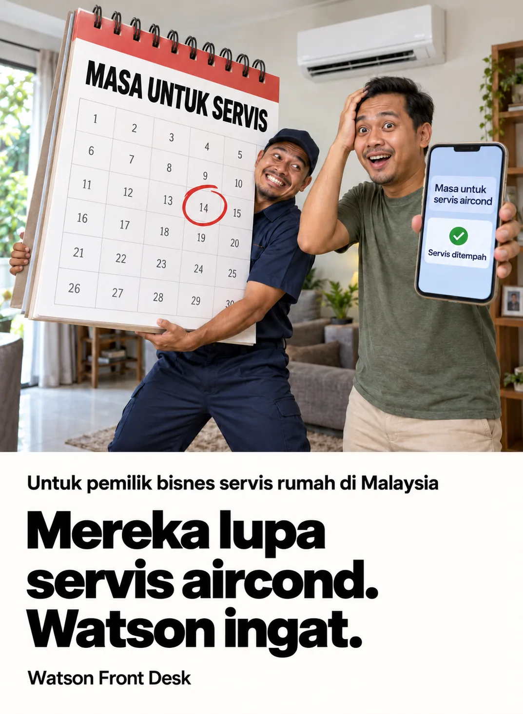 Juruteknik aircon memegang kalendar besar untuk peringatan servis di sebelah pemilik rumah.